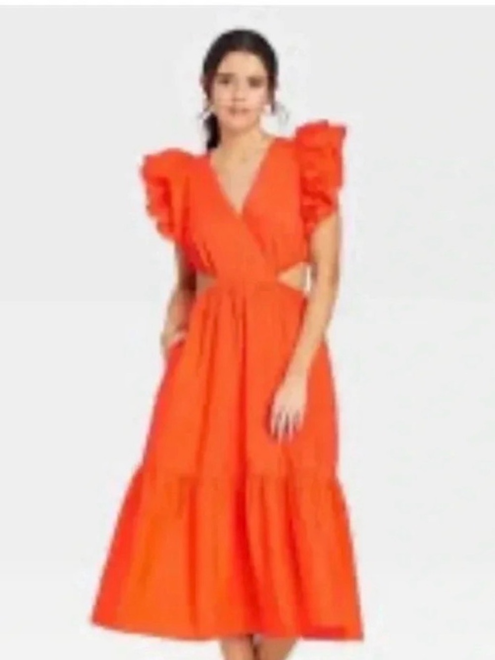 Flutter Sleeve Orange Midi Dress with Wrap Bodice